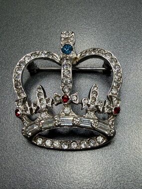 Vintage Keyes signed Rhinestone Crown Brooch with Red and Blue Accents
